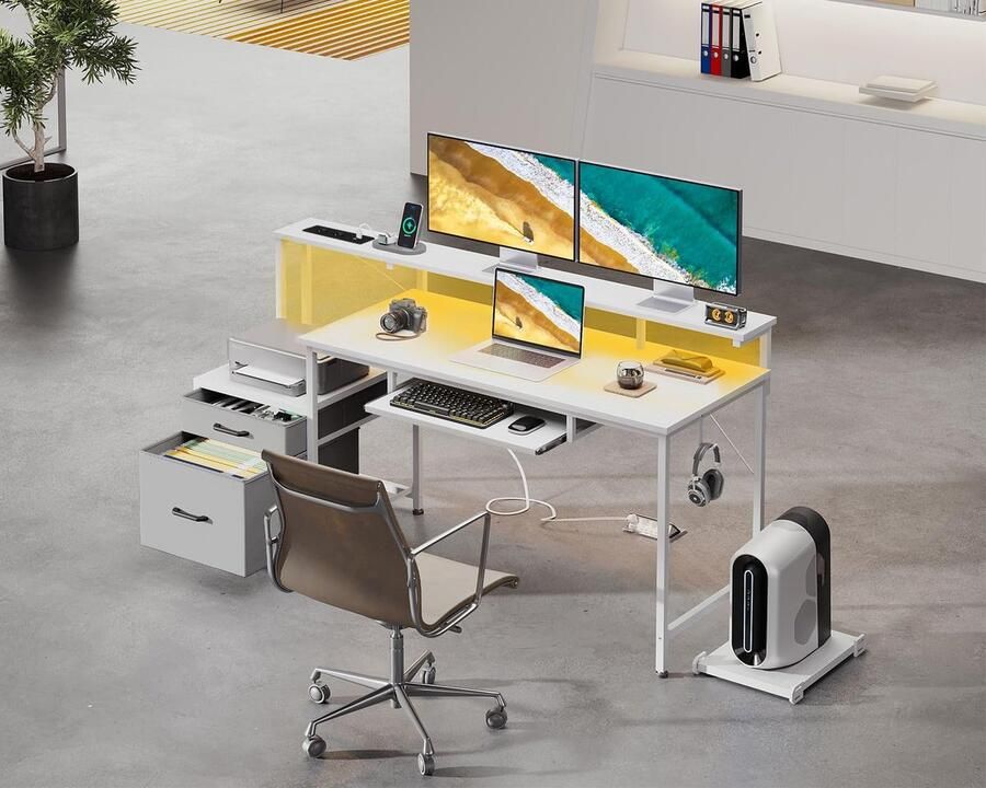 Stunq Moderne gamingtafel met LED-verlichting en ruime opbergladen voor thuisgebruik 48 x 140 x 91 cm