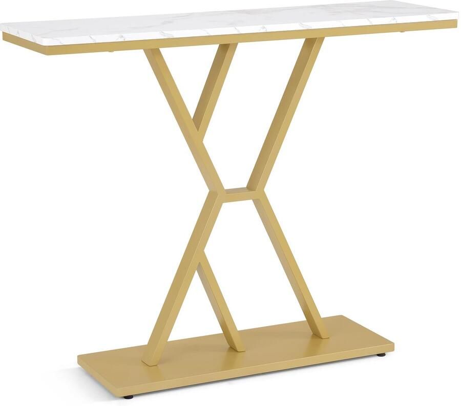 Stunq Moderne smalle consoletafel met marmerwit blad en gouden frame 30 x 100 x 80 cm