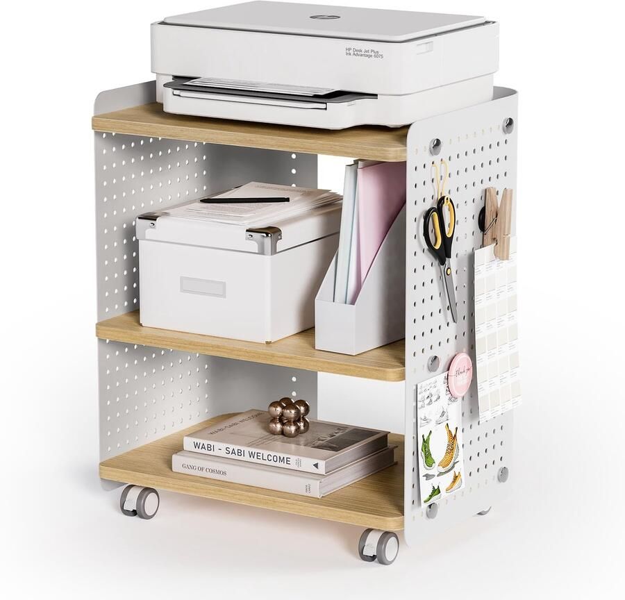 Stunq nachtkastje Veelzijdige mobiele printertafel met pegboard en opbergmogelijkheden