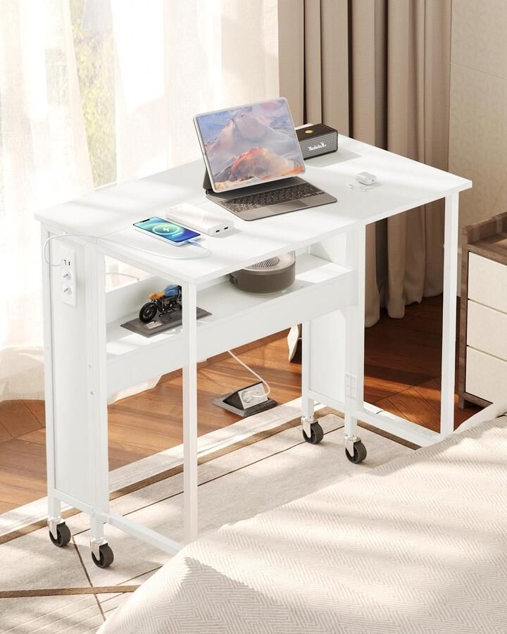 Stunq Opvouwbare werktafel met wielen en geïntegreerd laadstation voor compact wonen bureau wit 80 x 50 x 76 cm