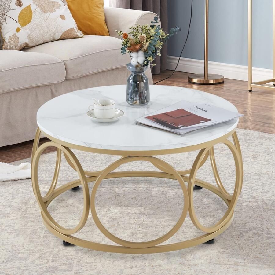 Stunq Ronde houten salontafel met metalen frame en modern design voor woonkamer Wit Goud