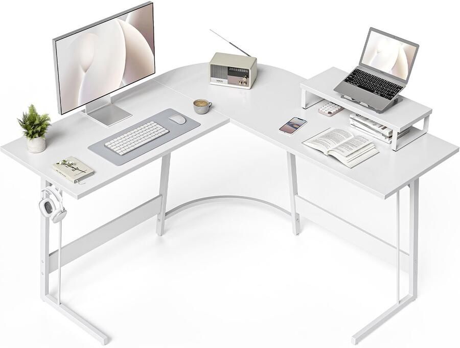 Stunq Ruim L-vormig Hoekbureau met Monitorstandaard voor Gaming en Werk bureau wit 120 x 120 x 75 cm