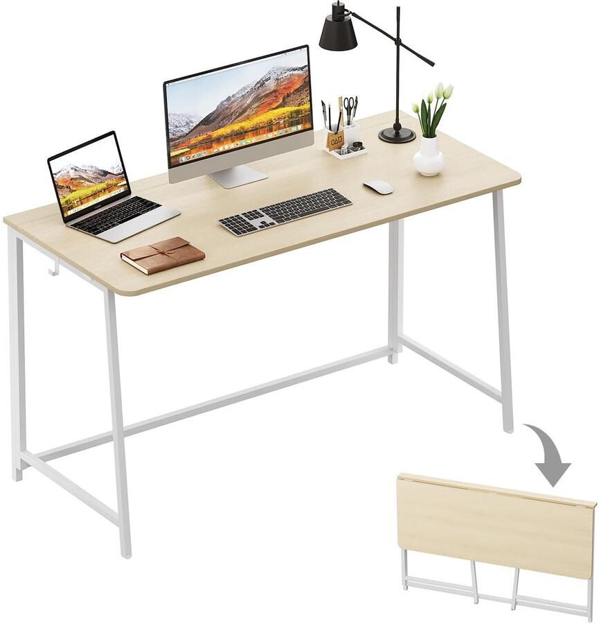 Stunq Ruimtebesparend inklapbaar bureau voor thuis of op kantoor bureau wit en lichtbruin 50 x 120 x 75 cm