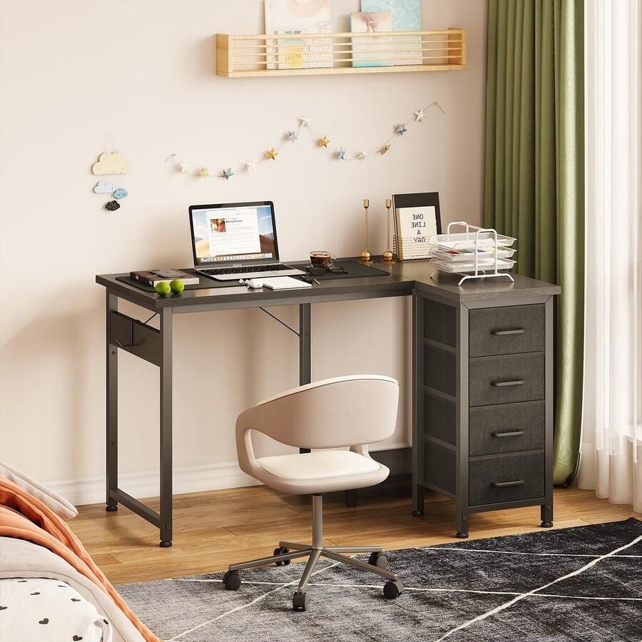 Stunq Ruimtebesparend L-vormig bureau met omkeerbaar ontwerp en vier laden 70x 100 x 75 5 cm zwarte bureau