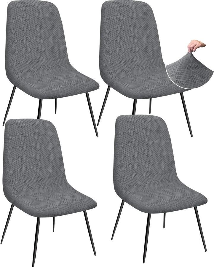 Stunq set 4 Elastische stoelhoezen met jacquard design voor eetkamer en feestgelegenheden Grijs