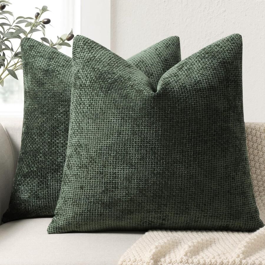 Stunq Set van 2 donkergroene chenille kussenslopen voor bank en bed 50 x 50 cm