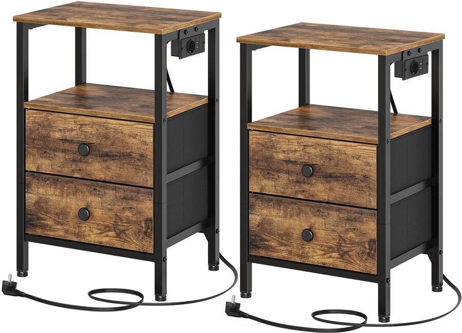 Stunq Set van 2 multifunctionele nachtkastjes met oplaadfunctie en rustieke uitstraling