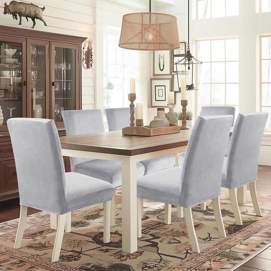 Stunq Set van 2 zilver grijze fluwelen stoelhoezen voor hoge rugleuning rekbaar en wasbaar Kantoor keuken