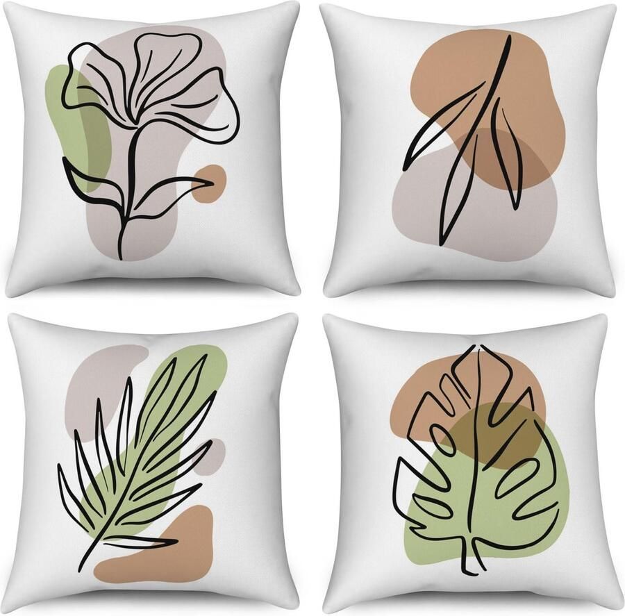 Stunq Set van 4 Boho Kussenslopen met Abstracte Bladeren voor Sofa of Bed blad motieven 40 x 40 cm Kussensloop