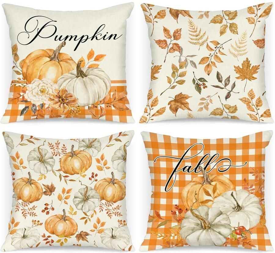 Stunq Set van 4 decoratieve oranje kussenslopen met herfstthema voor bank en bed 40 x 40 cm