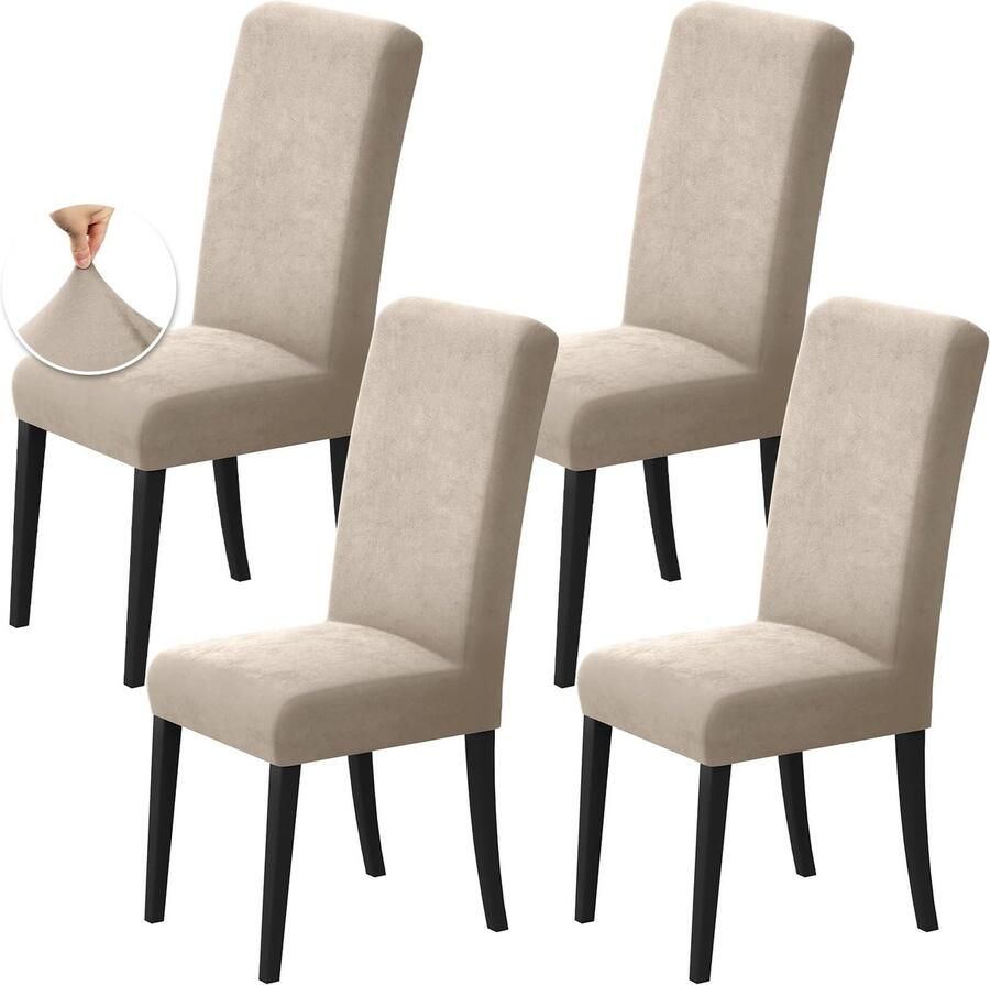 Stunq Set van 4 Elastische Fluwelen Stoelhoezen Stof voor Gelegenheden 48 x46 x 65 cm Beige