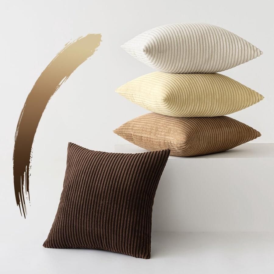 Stunq Set van 4 zachte corduroy kussenslopen voor bank en slaapkamerdecoratie Bruin Wit versie 50 x 50 cm