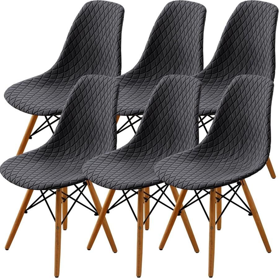 Stunq Set van 6 Grijze Jacquard Stoelhoezen voor Eetkamerstoelen Modern en Kreukvrij Kantoor Grijs