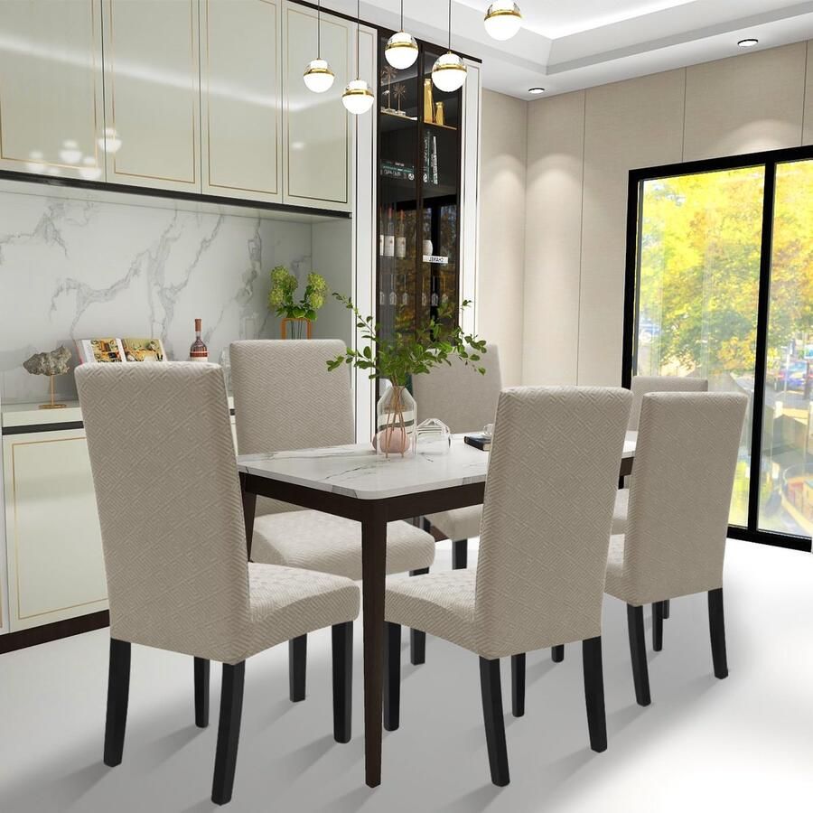 Stunq Set van 6 rekbare stoelhoezen voor eetkamerstoelen in settings Beige stoel hoes