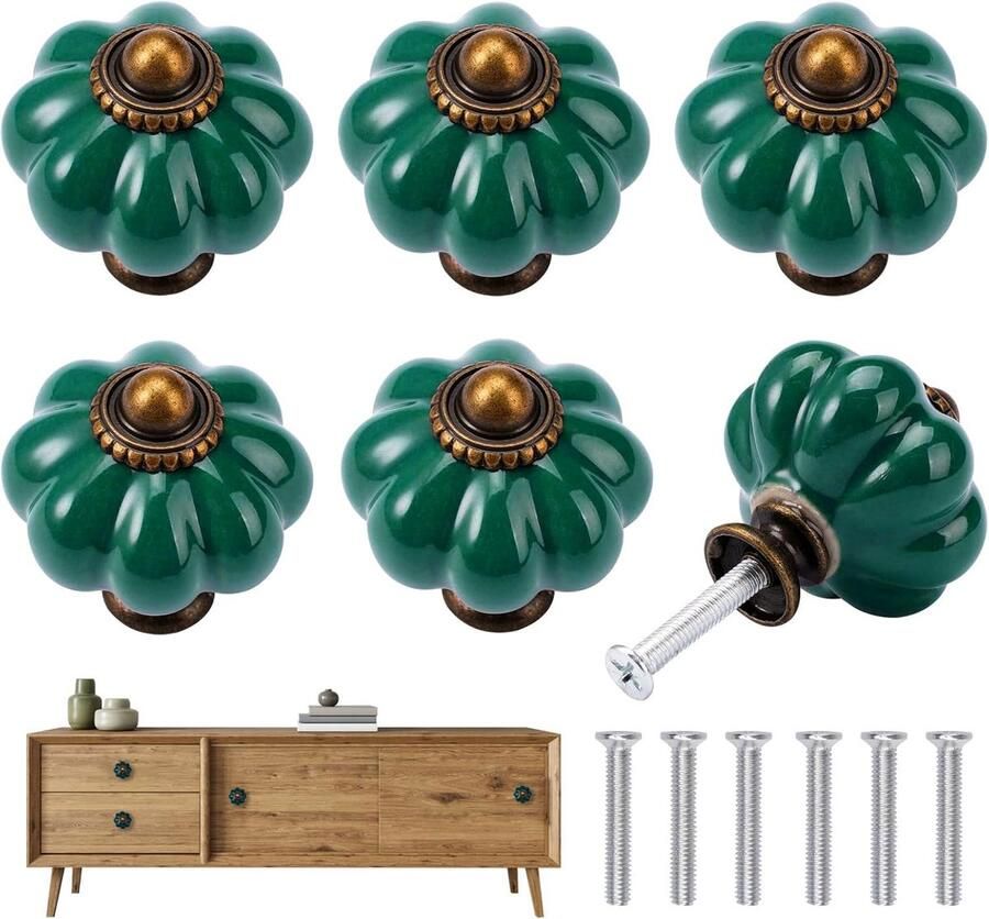 Stunq Set van 6 vintage keramische meubelknoppen voor stijlvolle decoratie Groen