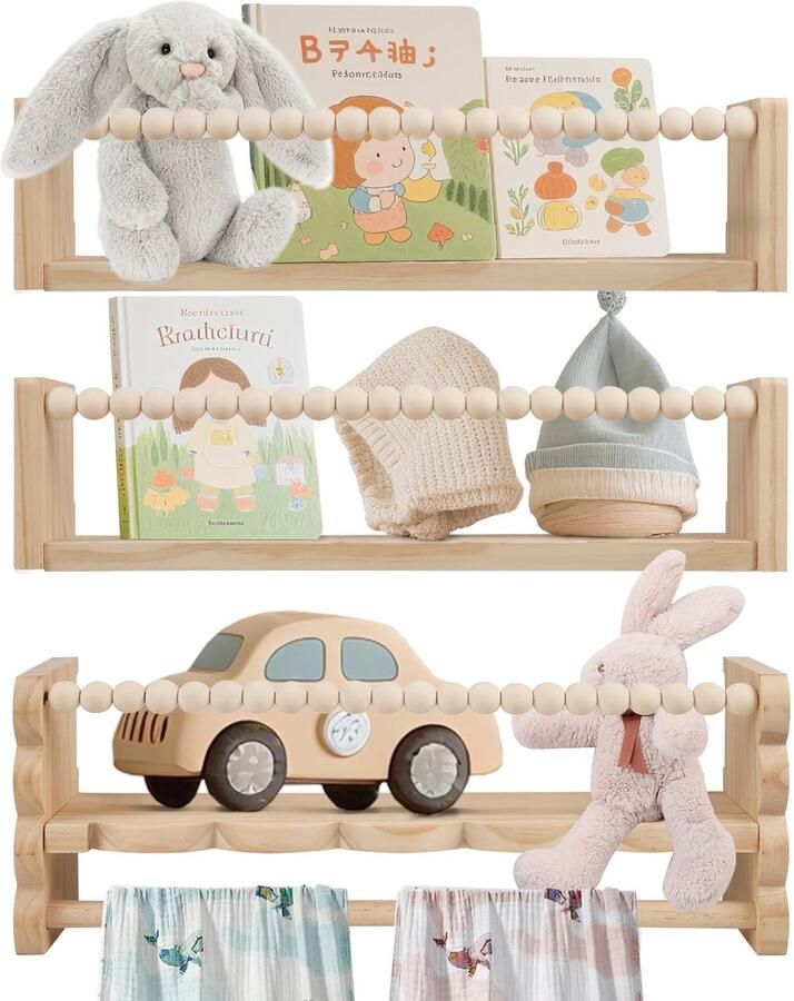 Stunq Set van drie houten wandplanken voor kinderkamer en keukenopslag