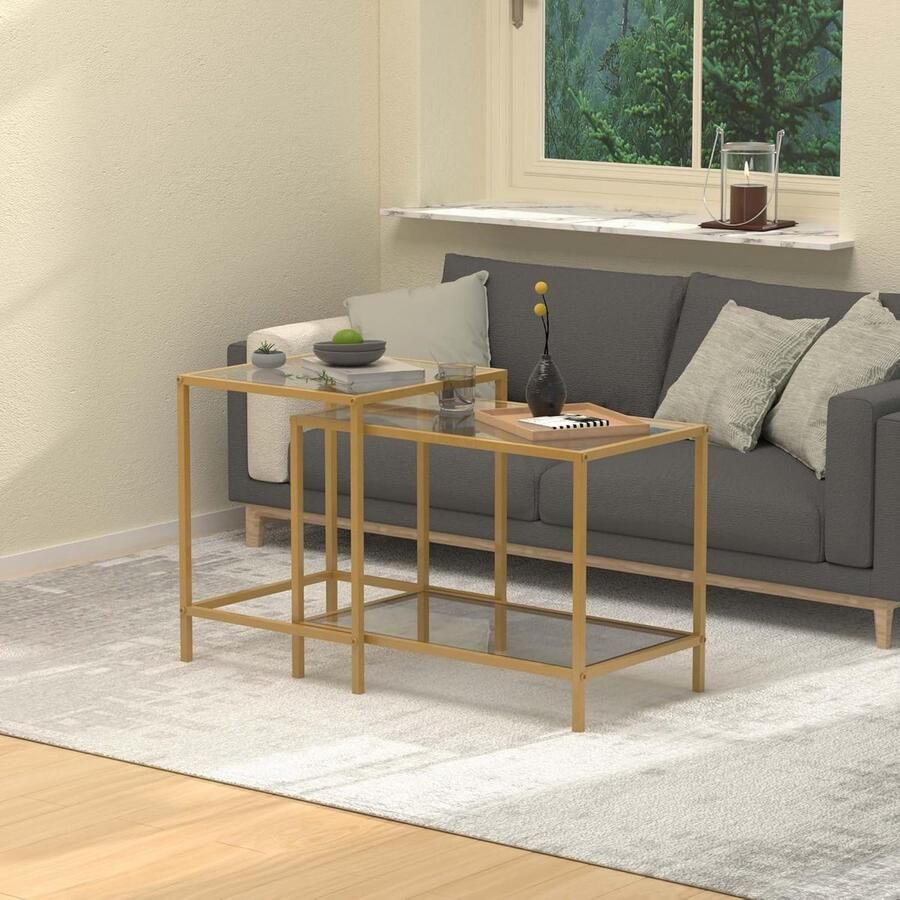 Stunq Set van twee moderne vierkante salontafels met glazen blad en gouden frame