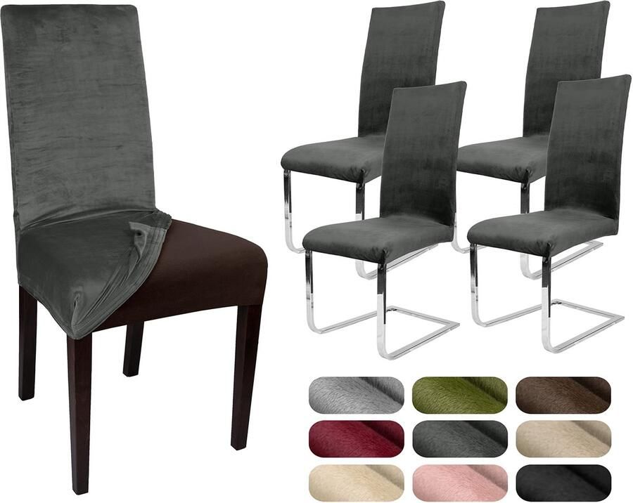 Stunq Set van vier elastische stoelhoezen van fluweel microvezel in grijze kleur 4 voor kantoor en keuken Grijs