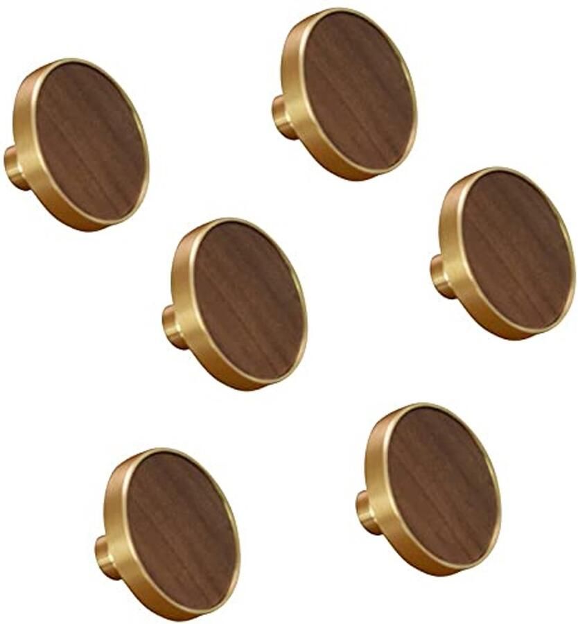 Stunq Set van zes elegante houten meubelknoppen met messing afwerking 30 mm Goud