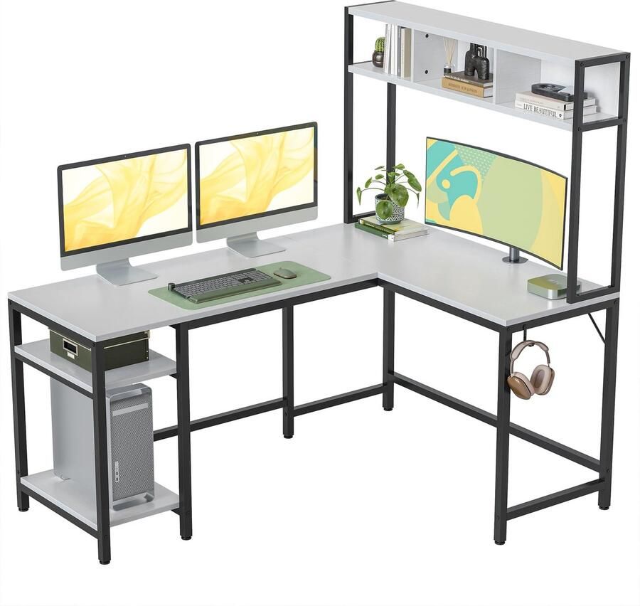 Stunq Stijlvol L-vormig bureau met grote werkruimte en opbergruimte voor thuis bureua wit en zwart 120 x 150 x 144 cm