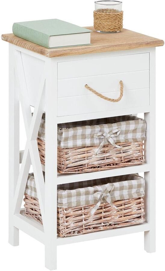 Stunq Stijlvol wit nachtkastje met lade en manden in landelijke vintage stijl