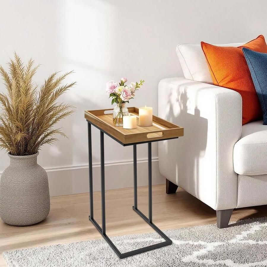 Stunq Stijlvolle C-vormige bijzettafel met afneembaar houten blad voor woonkamer