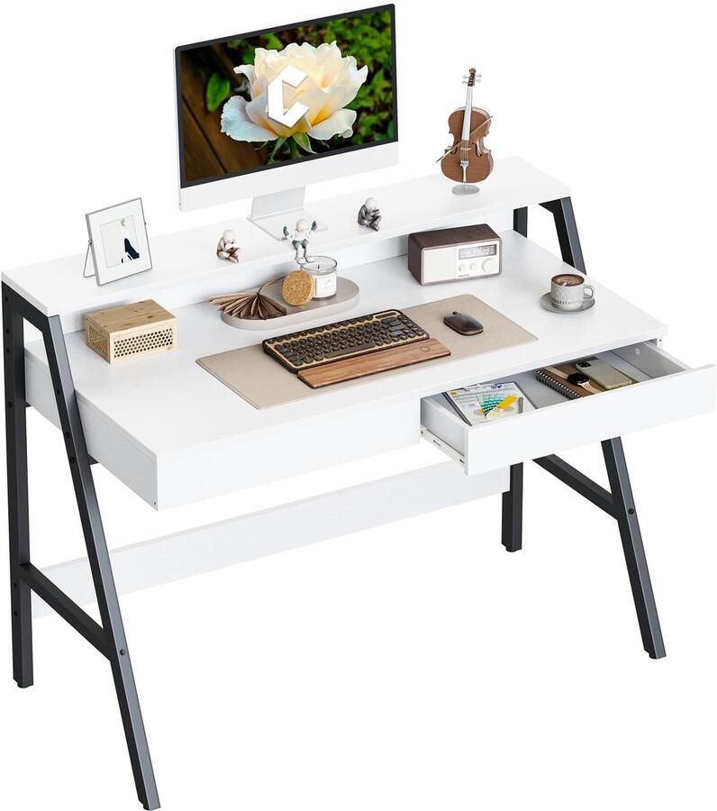 Stunq Stijlvolle en functionele computertafel met monitorstandaard en opbergladen bureau wit en zwart 50 x 120 x 75 cm