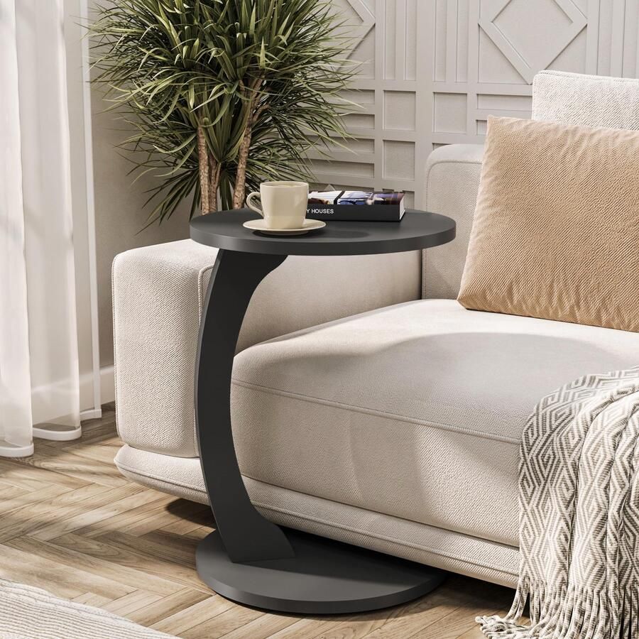 Stunq Stijlvolle en Mobiele C-vormige Bijzettafel met Ronde Grijze Bovenkant