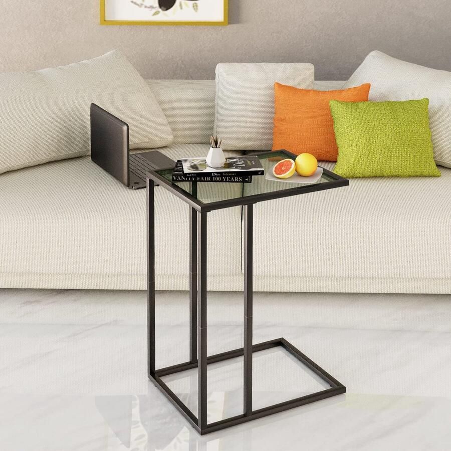 Stunq Stijlvolle en stabiele C-vormige bijzettafel met glazen blad voor elke ruimte