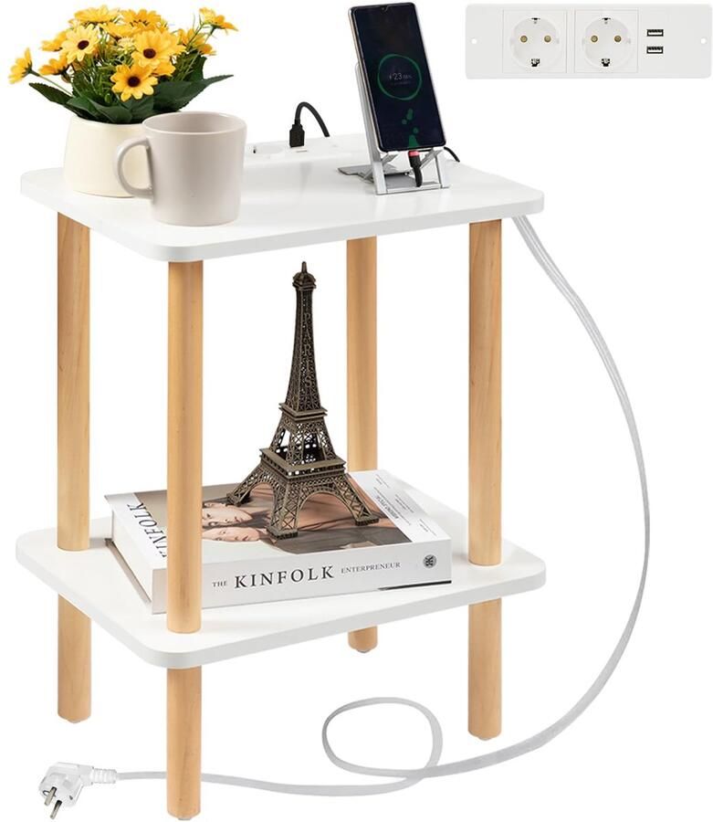 Stunq Stijlvolle houten bijzettafel met geïntegreerd laadstation en dubbele plank
