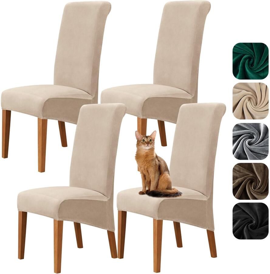 Stunq Stoel hoes Set van 4 stijlvolle fluwelen stoelhoezen voor hoge stoelen 48 x 48 x 75 cm Beige