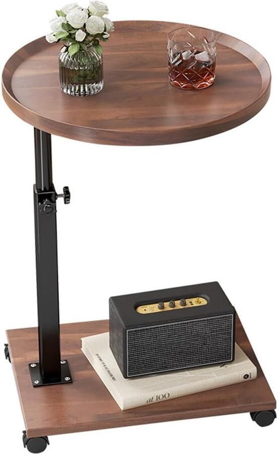 Stunq Verstelbare bijzettafel met wielen en houtlook voor multifunctioneel gebruik Bruin