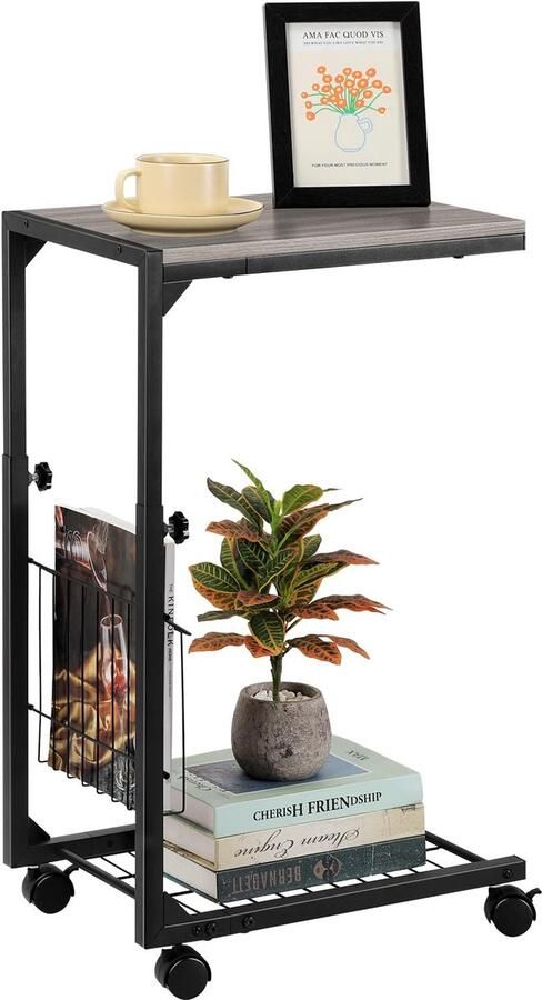 Stunq Verstelbare bijzettafel met wieltjes en magazijnvak voor woonkamer en slaapkamer