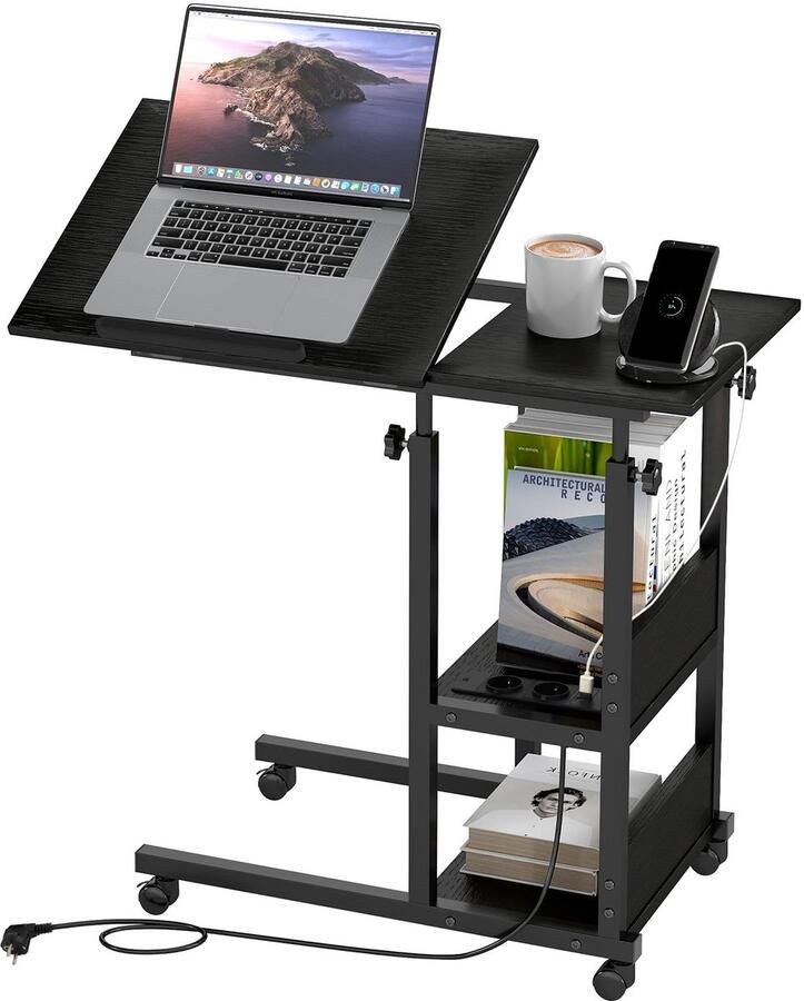 Stunq Verstelbare C-vormige bijzettafel met wieltjes en ingebouwde stopcontacten