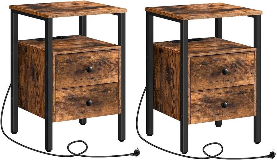 Stunq Vintage bijzettafels met ingebouwd laadstation en opbergruimte set van 2 40 x 40 x 61 cm vintage