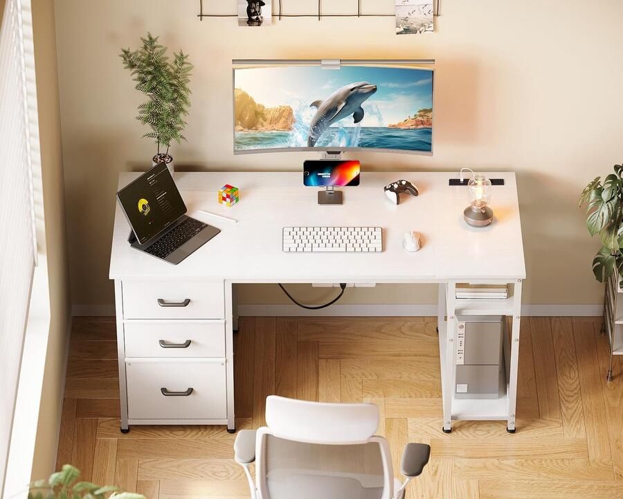 Stunq Wit bureau met opbergruimte stopcontacten en USB-poorten voor thuis of kantoor bureau wit 48 x 130 x 76 cm