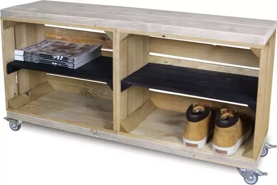 Stylingathome TV Meubel Bruin Hout Met legplanken Zwart Massief Steigerhouten onder en bovenzijde Incl. Zwenkwielen 100x30x53cm