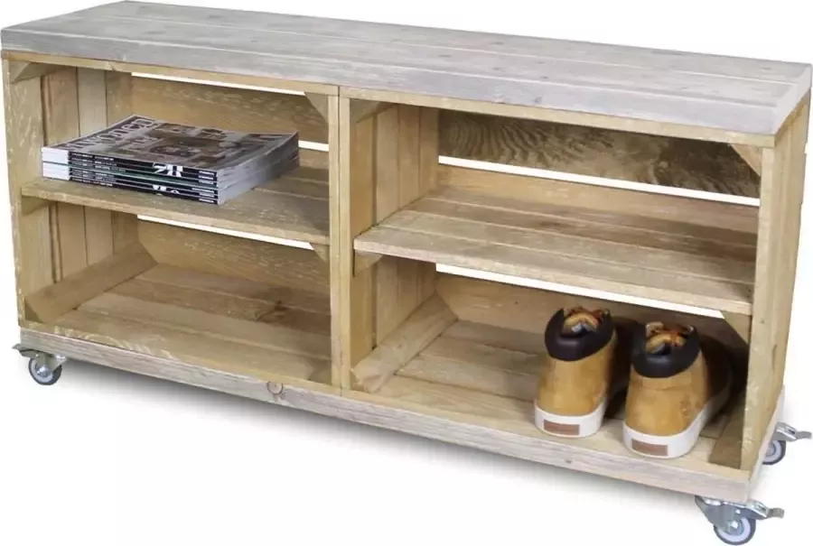 Stylingathome TV Meubel Bruin Hout Met legplanken Bruin Massief Steigerhouten onder en bovenzijde Incl. Zwenkwielen 100x30x53cm