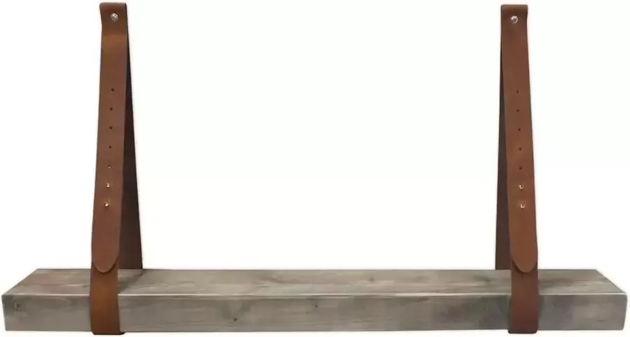Stylingathome Wandplank Steigerhout Hout Incl. 2 st. verstelbare Leren plankdragers Cognac Boekenplank 80cm lang - Foto 2