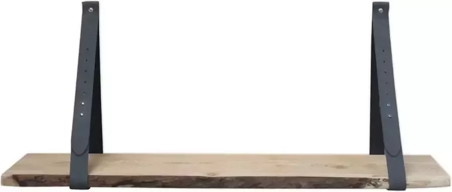 Stylingathome Wandplank Steigerhout Hout Incl. 2 st. verstelbare Leren plankdragers Zwart Boekenplank 80cm lang - Foto 2