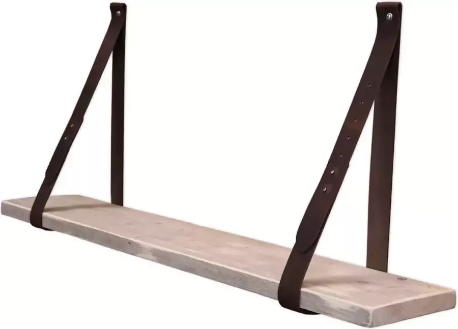 Stylingathome Wandplank Steigerhout Hout Incl. 2 st. verstelbare Leren plankdragers Bruin Boekenplank 80cm lang