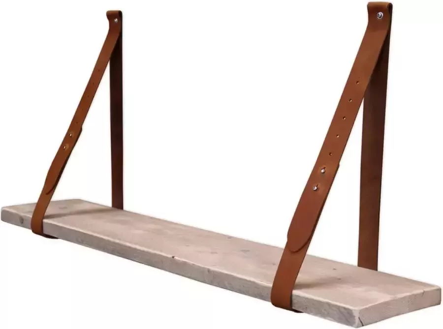 Stylingathome Wandplank Steigerhout Hout Incl. 2 st. verstelbare Leren plankdragers Cognac Boekenplank 80cm lang