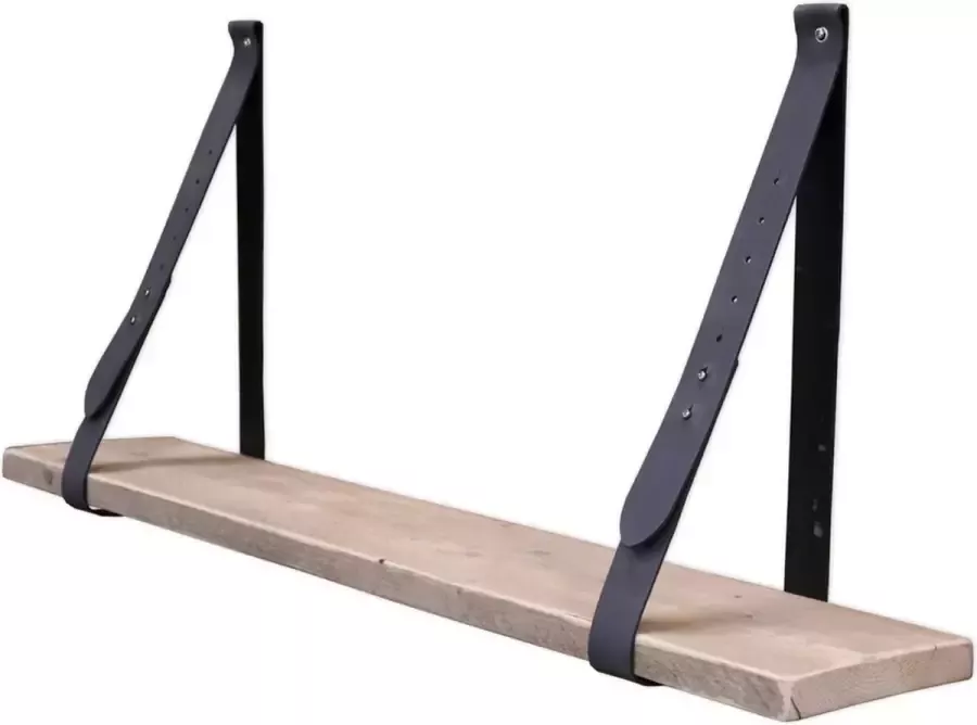 Stylingathome Wandplank Steigerhout Hout Incl. 2 st. verstelbare Leren plankdragers Grijs Boekenplank 80cm lang