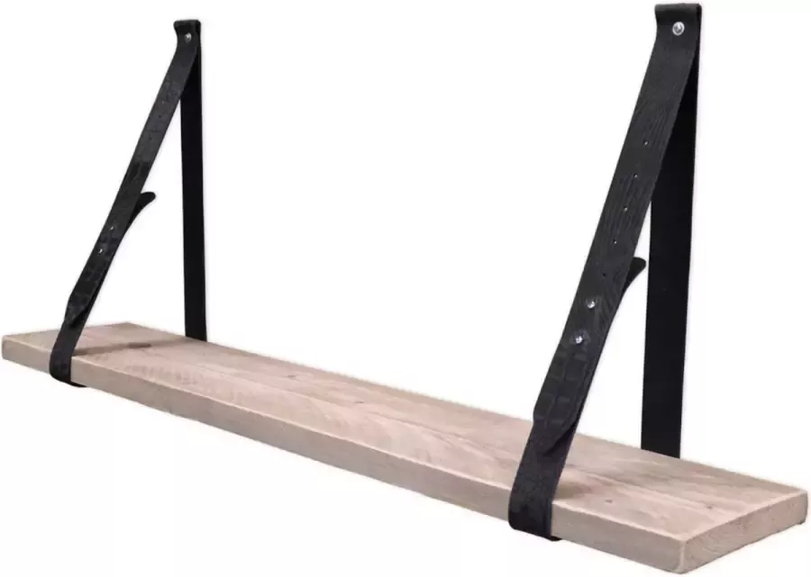 Stylingathome Wandplank Steigerhout Hout Incl. 2 st. verstelbare Leren plankdragers Zwart Boekenplank 80cm lang