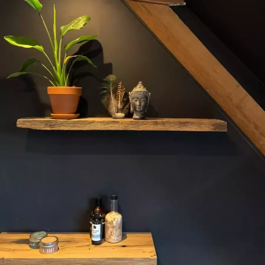 Stylingathome Wagonplank Wandplank Zwevend Eiken – Geborsteld -Echt oud Eiken 2 st. Gaten voorgeboord – Incl. 2 st. Blinde plankdragers Boekenplank Blinde bevestiging Boekenplank 90x14x4cm