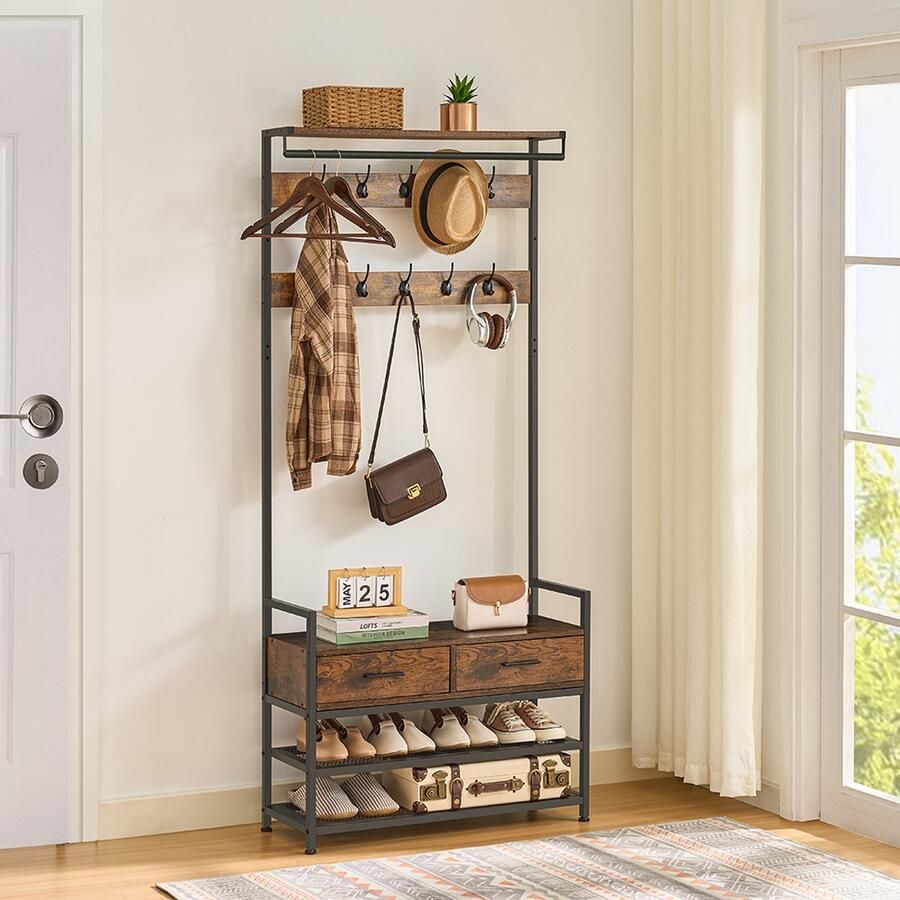 SUMOH Kapstok met Schoenenbank – Luxe Garderoberek met 20 Haken 2 Lades en Schoenenrek – Industrieel Design – Vintage Bruin Zwart – 81x30x181 5 cm