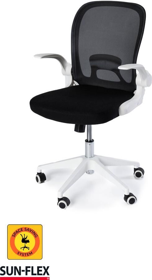 Sun-Flex HIDEAWAY CHAIR bureaustoel wit zwart opvouwbaar makkelijk op te bergen instelbaar in hoogte draagvermogen 150 kg verstelbare schommelweerstand Zweedse kwaliteit