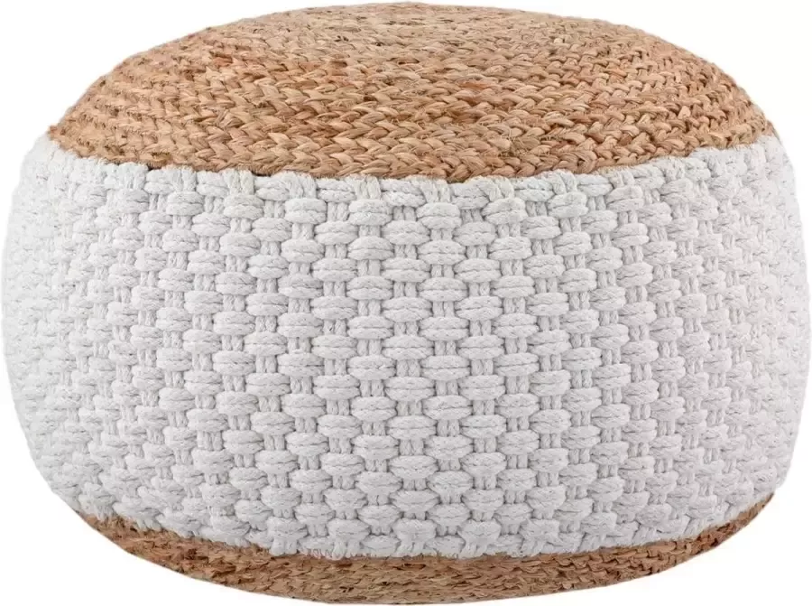 Sunfield Gebreide Jute Poef witte rand Velours Poefs Rond Kwalitatief Vloerkussens vele stijlen 50x35 Beige Wit