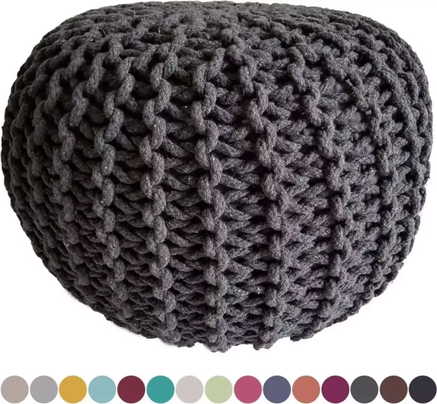 Sunfield Gebreide Poef Grof gebreid Katoen Ø 45 cm hoogte 30 cm Donkergrijs