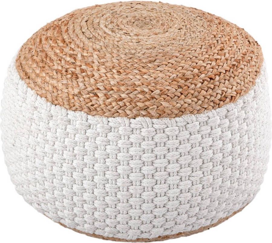 Sunfield Jute Ronde Poef 50x50 cm decoratieve kruk natuurlijke |vloerkussen Bruin Wit